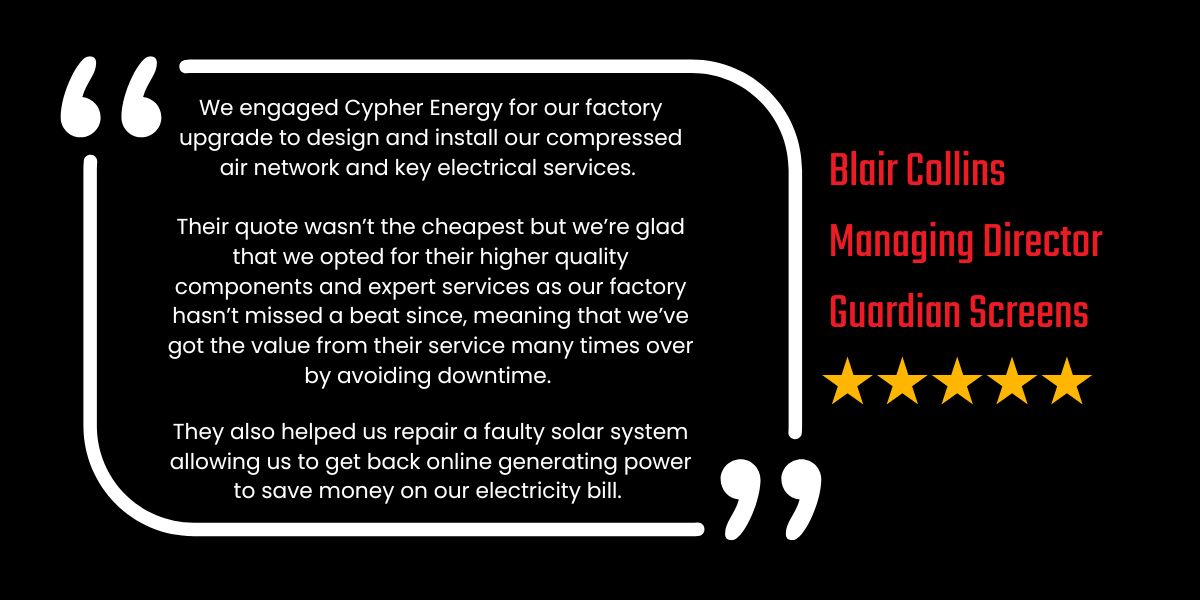 5 star review from Guardian Screens Managing Director highlighting quality of service