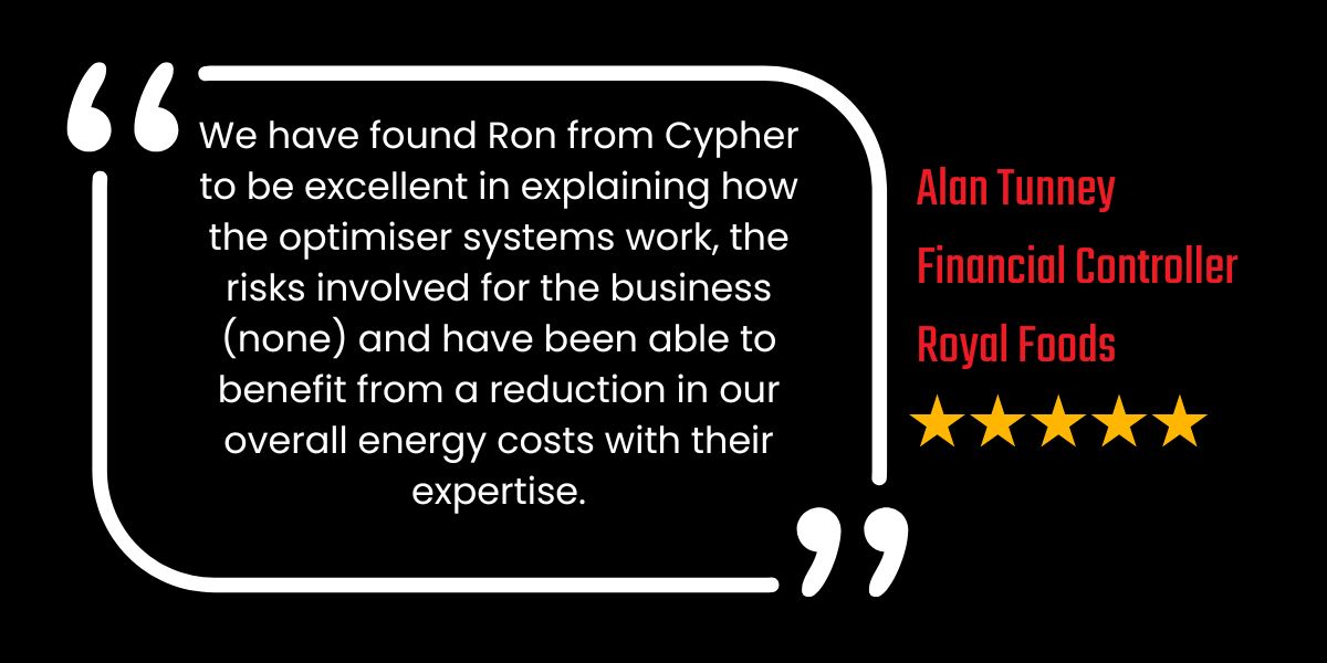 5 star review from Royal Foods Financial Controller highlighting energy savings